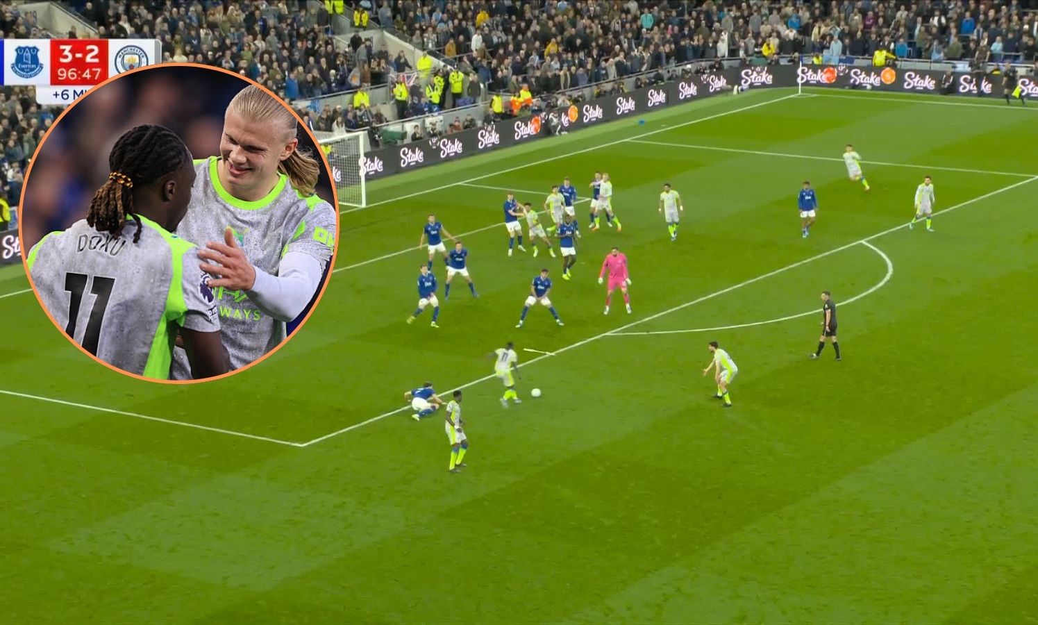 Jeremy Doku right before unleashing his curling effort with overlay of Haaland and Doku celebrating the goal
