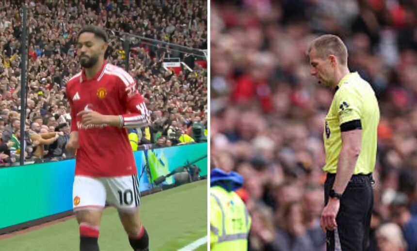 Matheus Cunha celebrating goal and Referee looking at VAR monitor