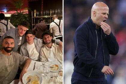 Split image of Mohamed Salah enjoying evening with teammates and Arne Slot looking worried