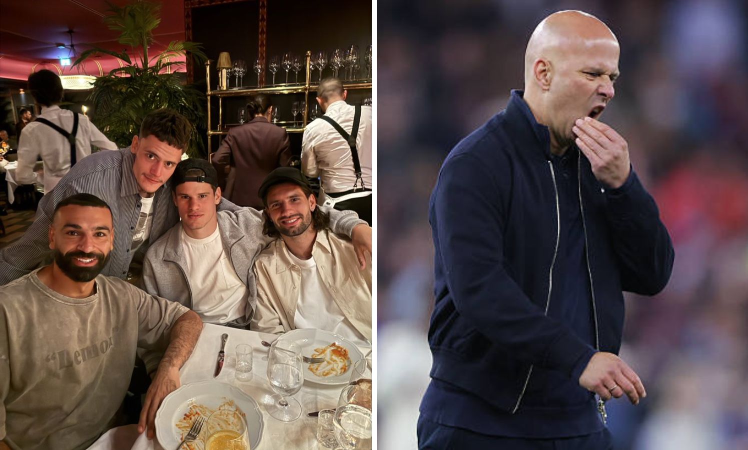 Split image of Mohamed Salah enjoying evening with teammates and Arne Slot looking worried