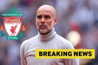 Pep Guardiola looks on after FA Cup win with overlay of Liverpool badge and breaking news