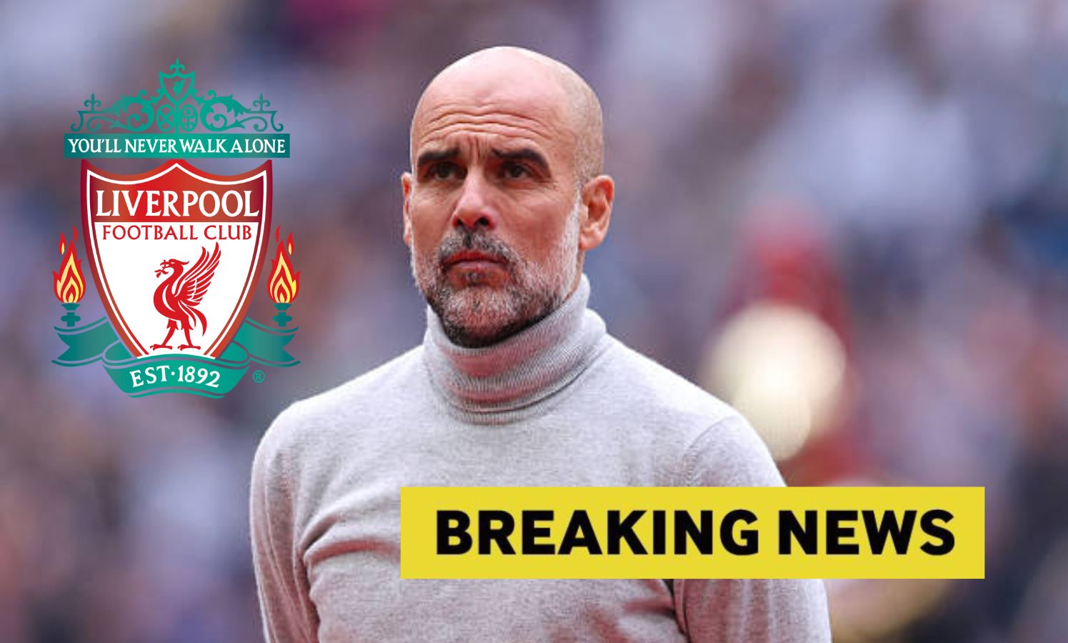 Pep Guardiola looks on after FA Cup win with overlay of Liverpool badge and breaking news