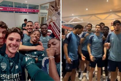 Split image of Arsenal players celebrating