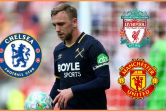 Jarrod Bowen in action for West Ham with overlay of Chelsea Liverpool and Man United badges