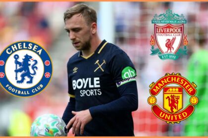 Jarrod Bowen in action for West Ham with overlay of Chelsea Liverpool and Man United badges