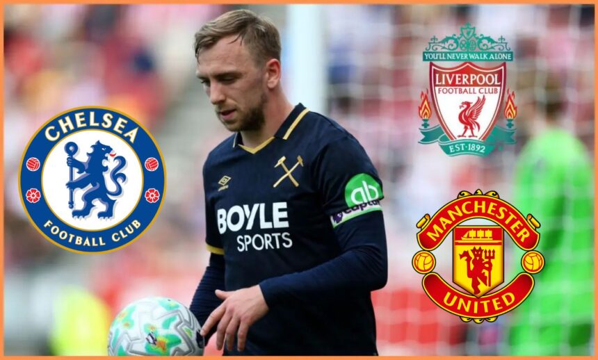 Jarrod Bowen in action for West Ham with overlay of Chelsea Liverpool and Man United badges