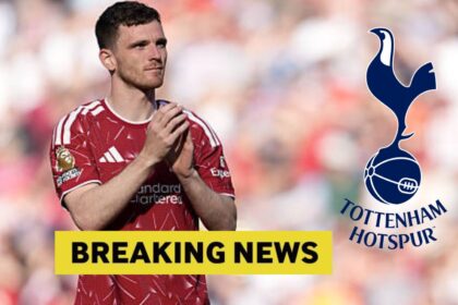 Andy Robertson with overlay of breaking news and spurs logo