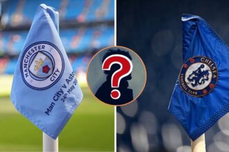 Split image of Man City flag and Chelsea flag with mystery player overlay