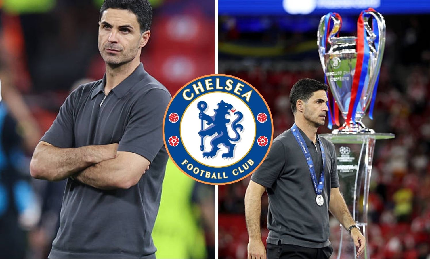 Split image of Mikel Arteta after losing Champions League final
