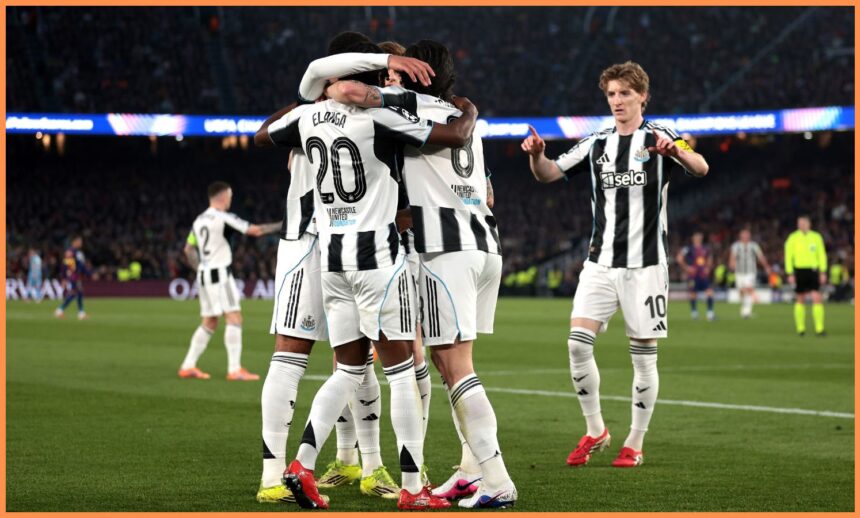 Newcastle players celebrate against Barcelona