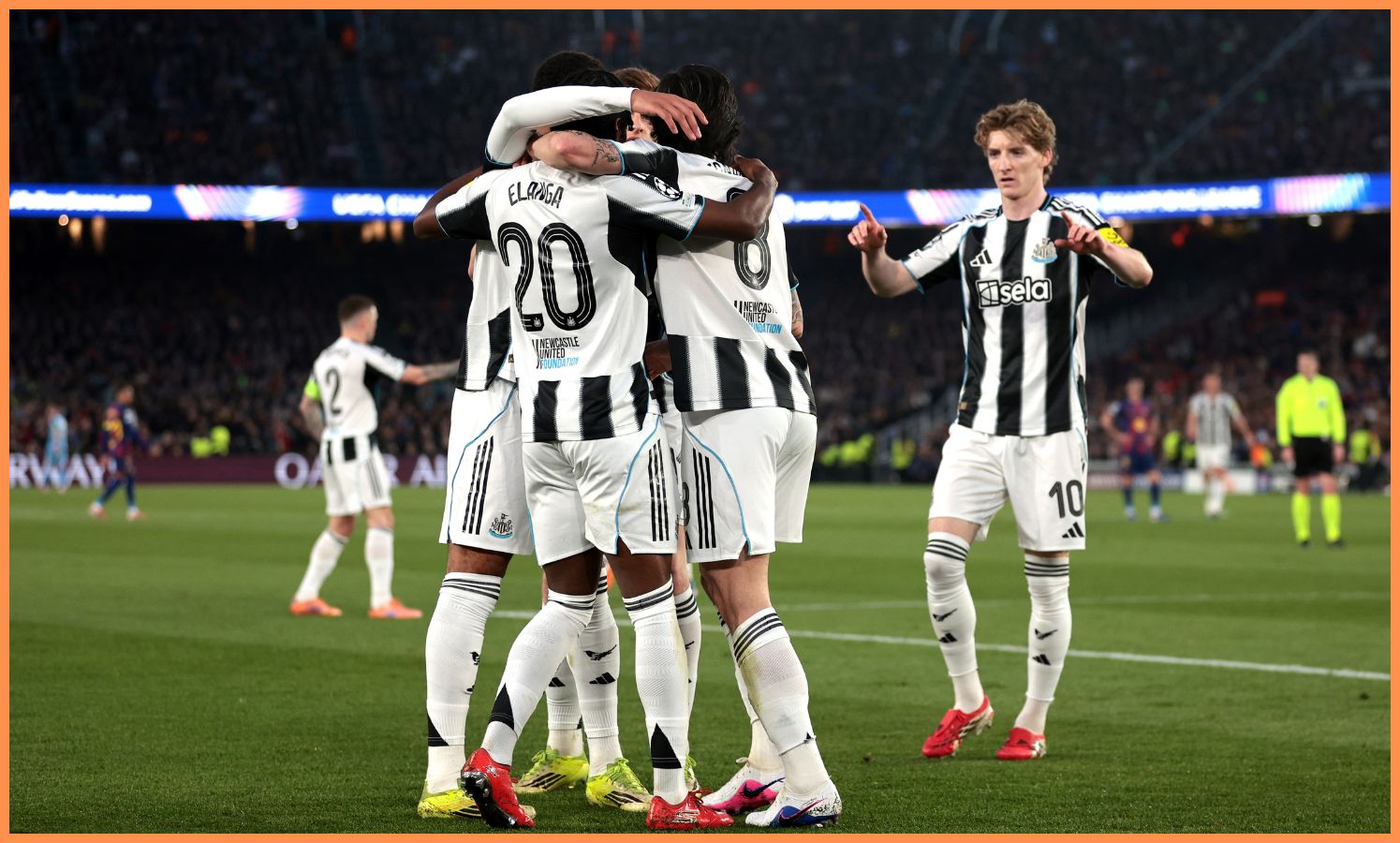 Newcastle players celebrate against Barcelona