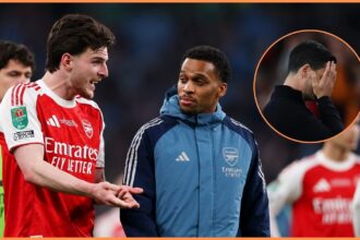Declan Rice, Jurrien Timber, and Mikel Arteta