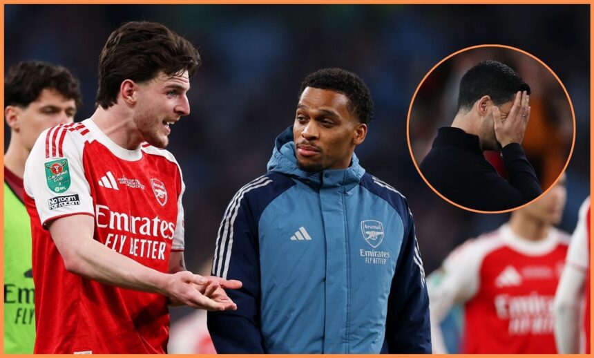 Declan Rice, Jurrien Timber, and Mikel Arteta