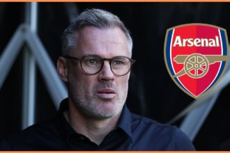 Jamie Carragher and the Arsenal logo