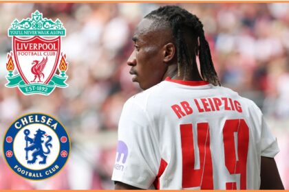 Yan Diomande of RB Leipzig looks on