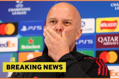 Arne Slot during a press conference, and breaking news banner