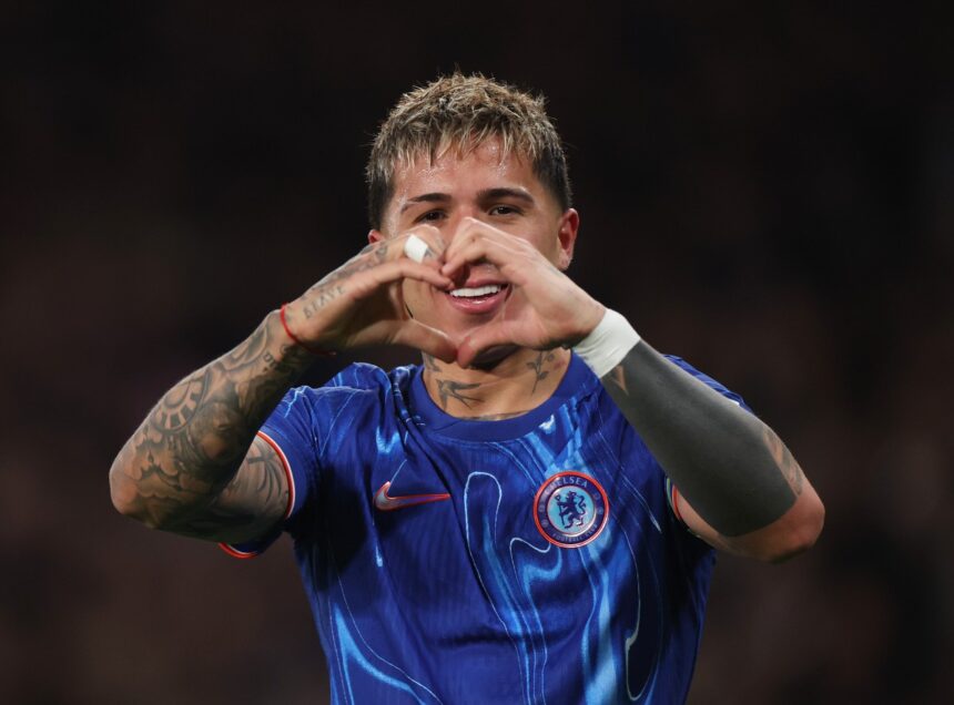 Enzo Fernandez celebrates a goal for Chelsea against Tottenham