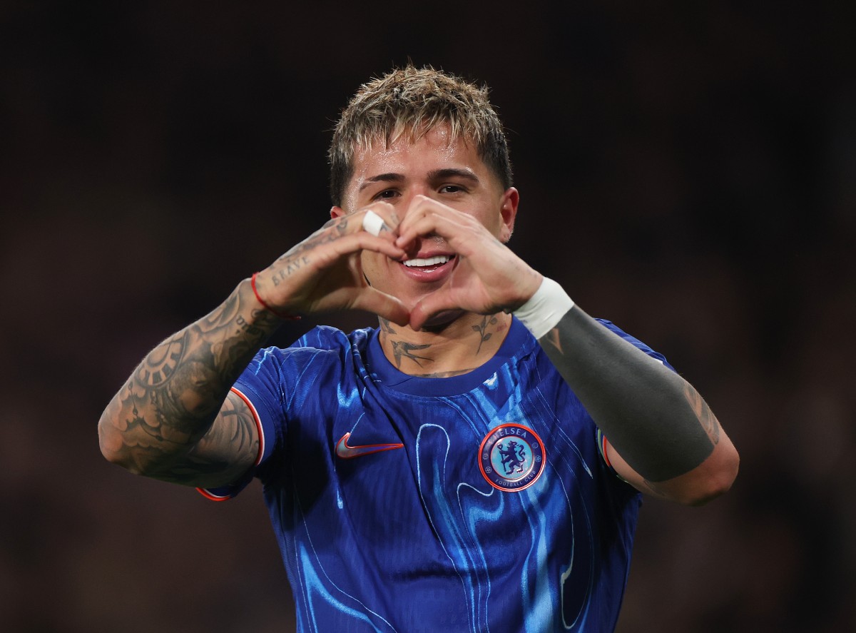 Enzo Fernandez celebrates a goal for Chelsea against Tottenham