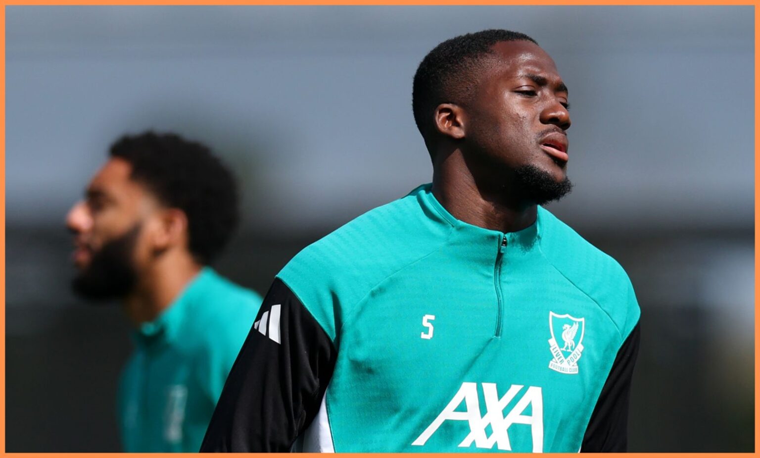 Ibrahima Konate trains with Liverpool Football Club.