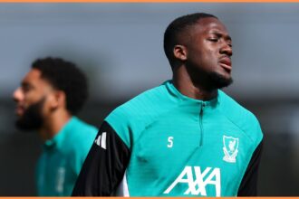 Ibrahima Konate trains with Liverpool Football Club.