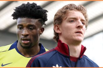 Liverpool-linked Mohammed Kudus and Anthony Gordon look on.