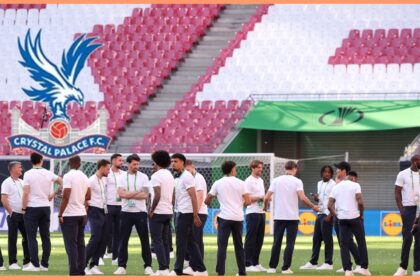 Crystal Palace players check out the Red Bull Arena in Leipzig prior to the Conference League final