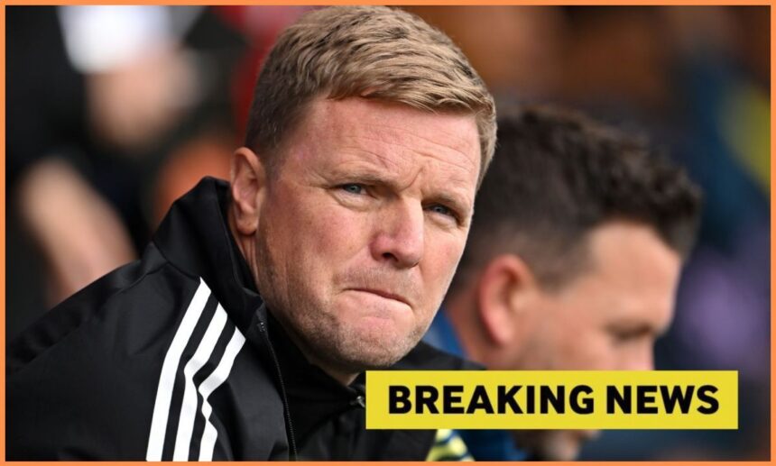 Eddie Howe with breaking news banner