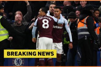 Youri Tielemans, Morgan Rogers, and Ollie Watkins celebrate during Aston Villa