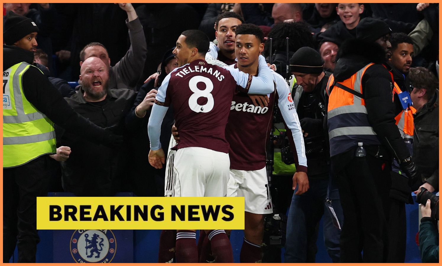 Youri Tielemans, Morgan Rogers, and Ollie Watkins celebrate during Aston Villa