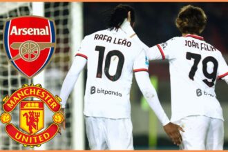 Rafael Leao with overlay of Man United and Arsenal badges