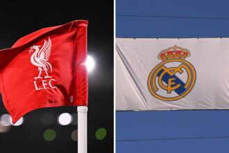 Split image of Liverpool flag and Real Madrid falg