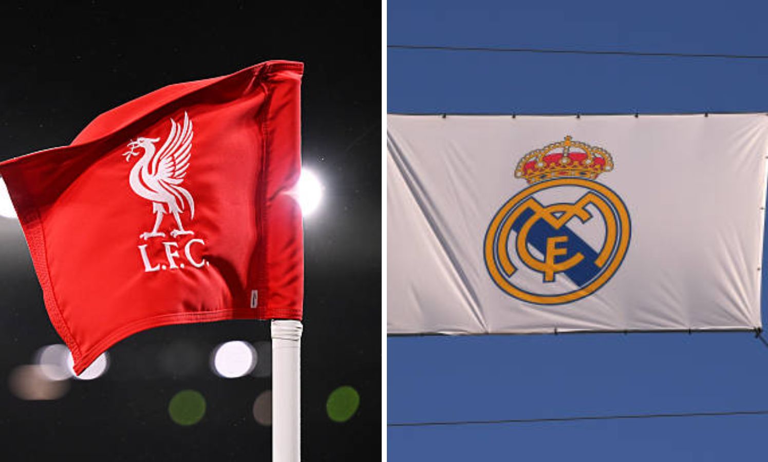 Split image of Liverpool flag and Real Madrid falg