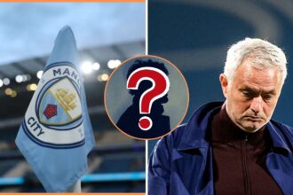 Man City flag and Jose Mourinho with overlay of mystery player
