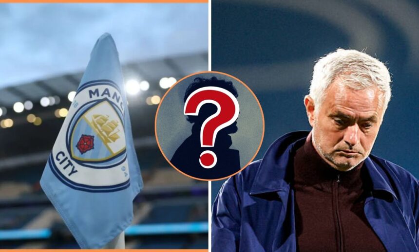 Man City flag and Jose Mourinho with overlay of mystery player
