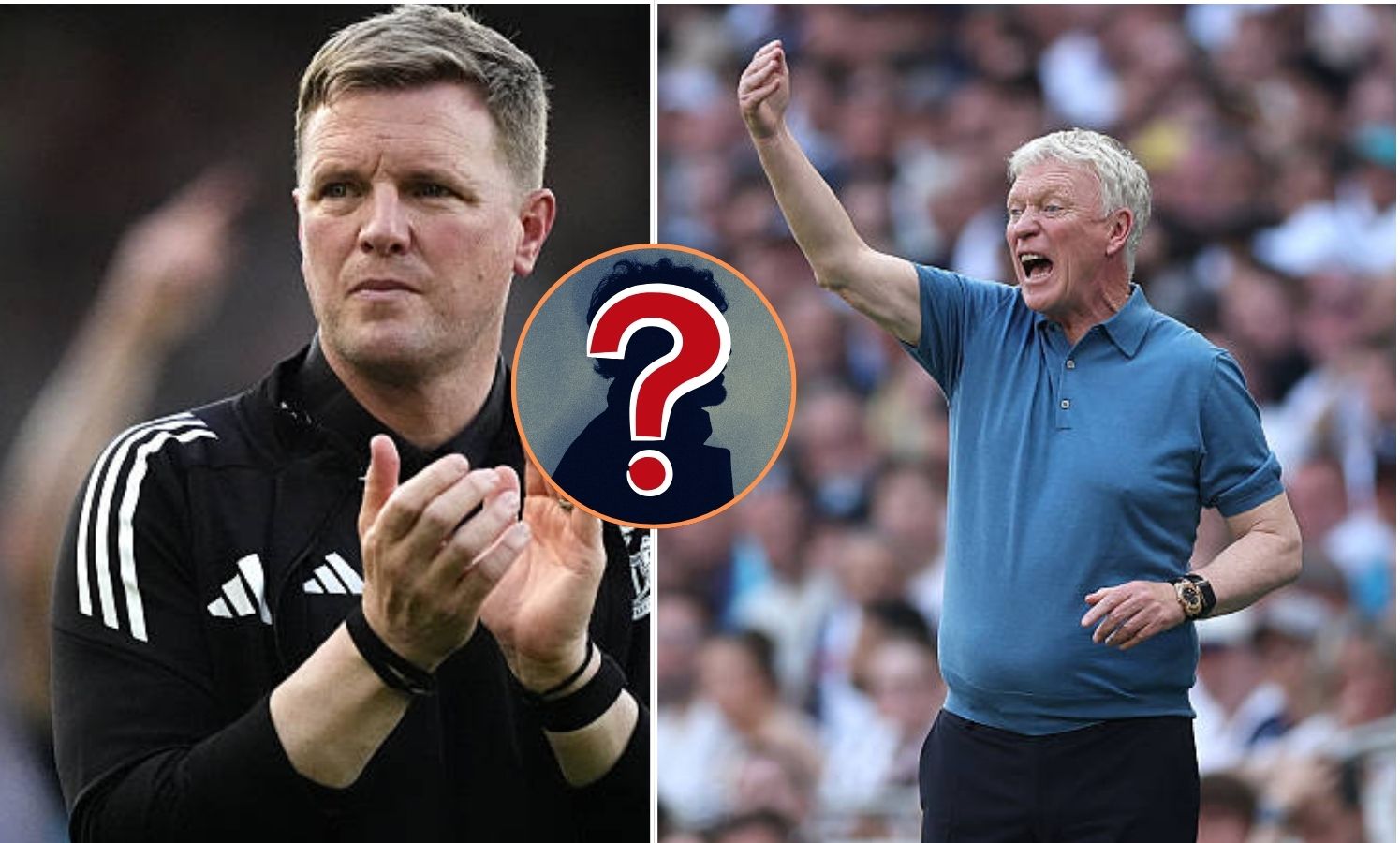Split image of Eddie Howe and David Moyes with mystery player overlay