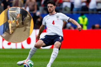 Declan Rice in action for England with overlay of his leg from mixed zone