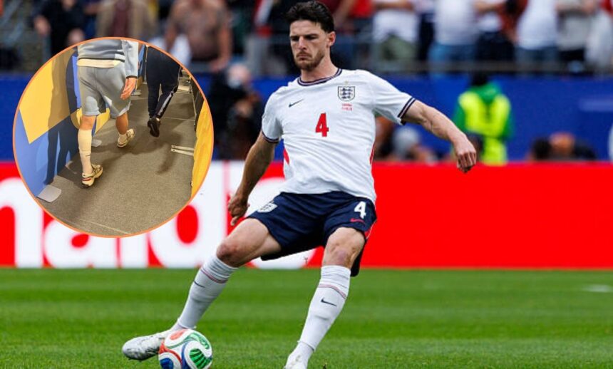 Declan Rice in action for England with overlay of his leg from mixed zone