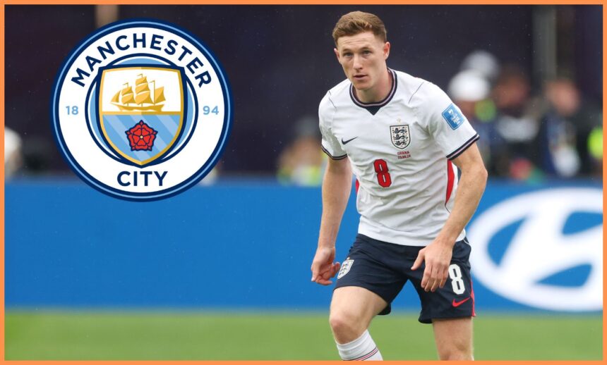 Elliot Anderson in action for England and the Manchester City logo