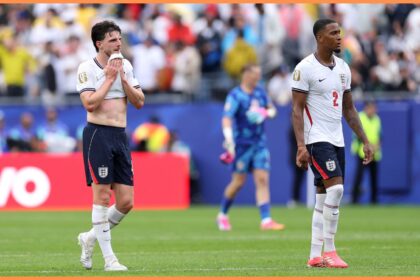 Declan Rice and Ezri Konsa react after England