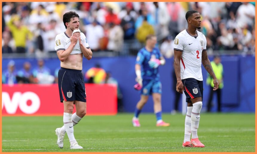 Declan Rice and Ezri Konsa react after England