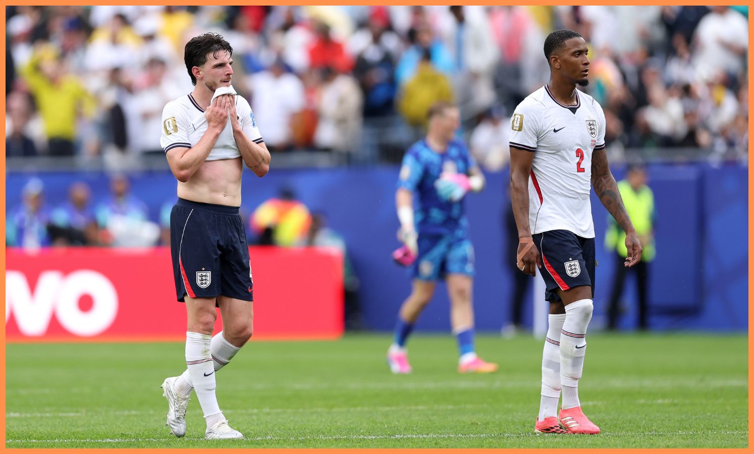 Declan Rice and Ezri Konsa react after England