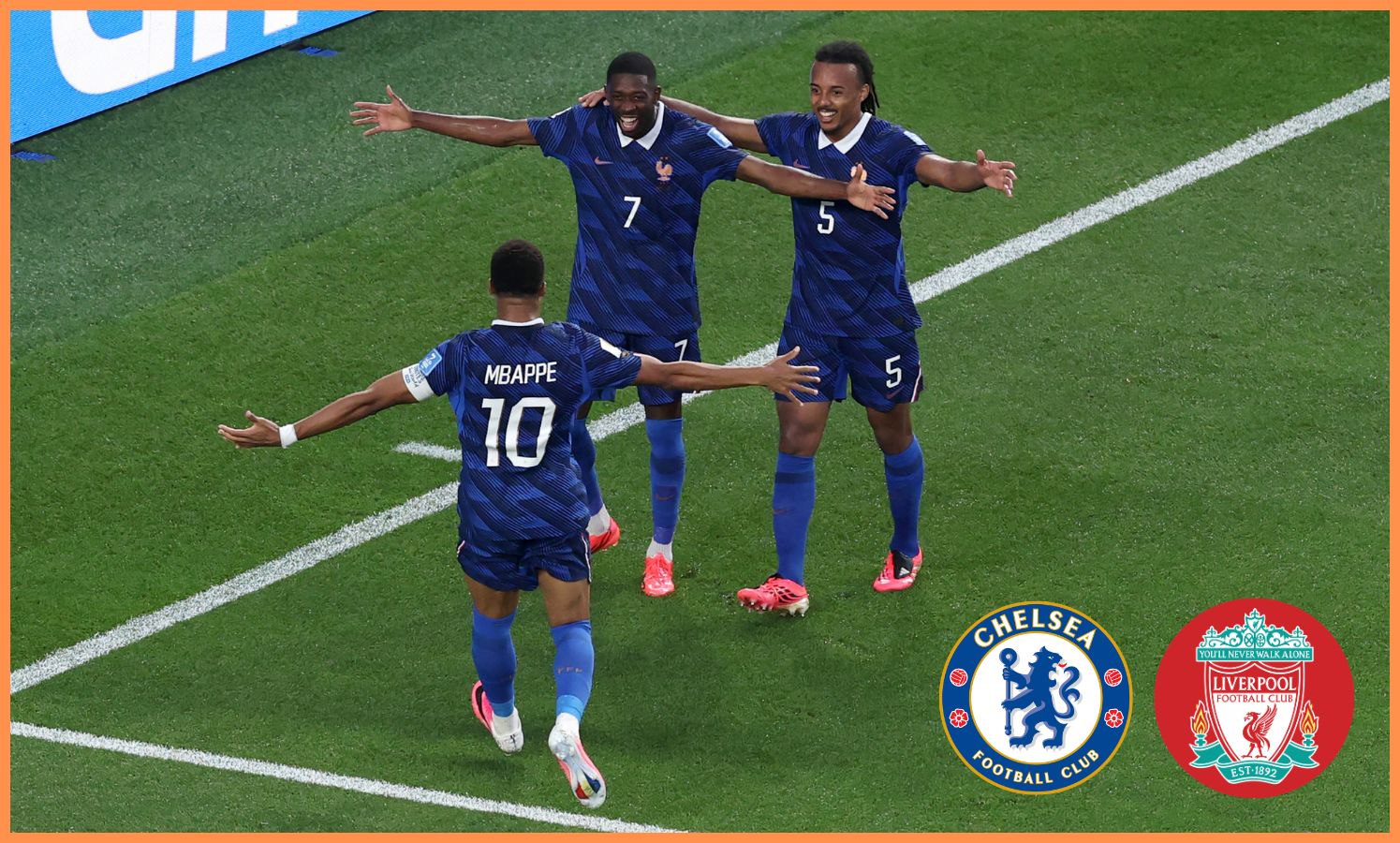 Jules Kounde celebrates with his France teammates at the World Cup