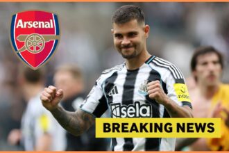 Bruno Guimaraes celebrates, Arsenal logo, and
