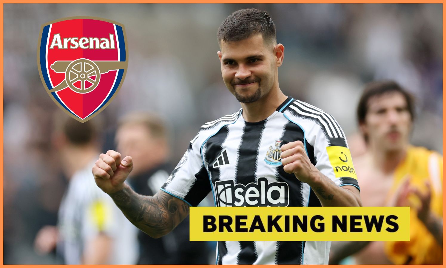 Bruno Guimaraes celebrates, Arsenal logo, and