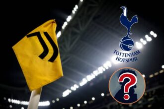 Juventus flag with spurs badge and mystery player