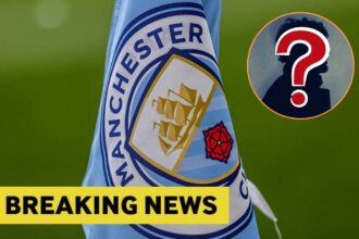 Man City flag with breaking news banner and overlay of mystery player