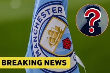 Man City flag with breaking news banner and overlay of mystery player