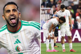 Split image of Mahrez celebrating and Iran players dejected