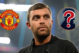 Fabrizio Romano with overlay of man united badge and mystery player