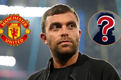 Fabrizio Romano with overlay of man united badge and mystery player